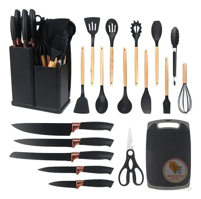 19 Peças Kit Utensilios Cozinha Tábua Em Silicone Espátula  Preto
