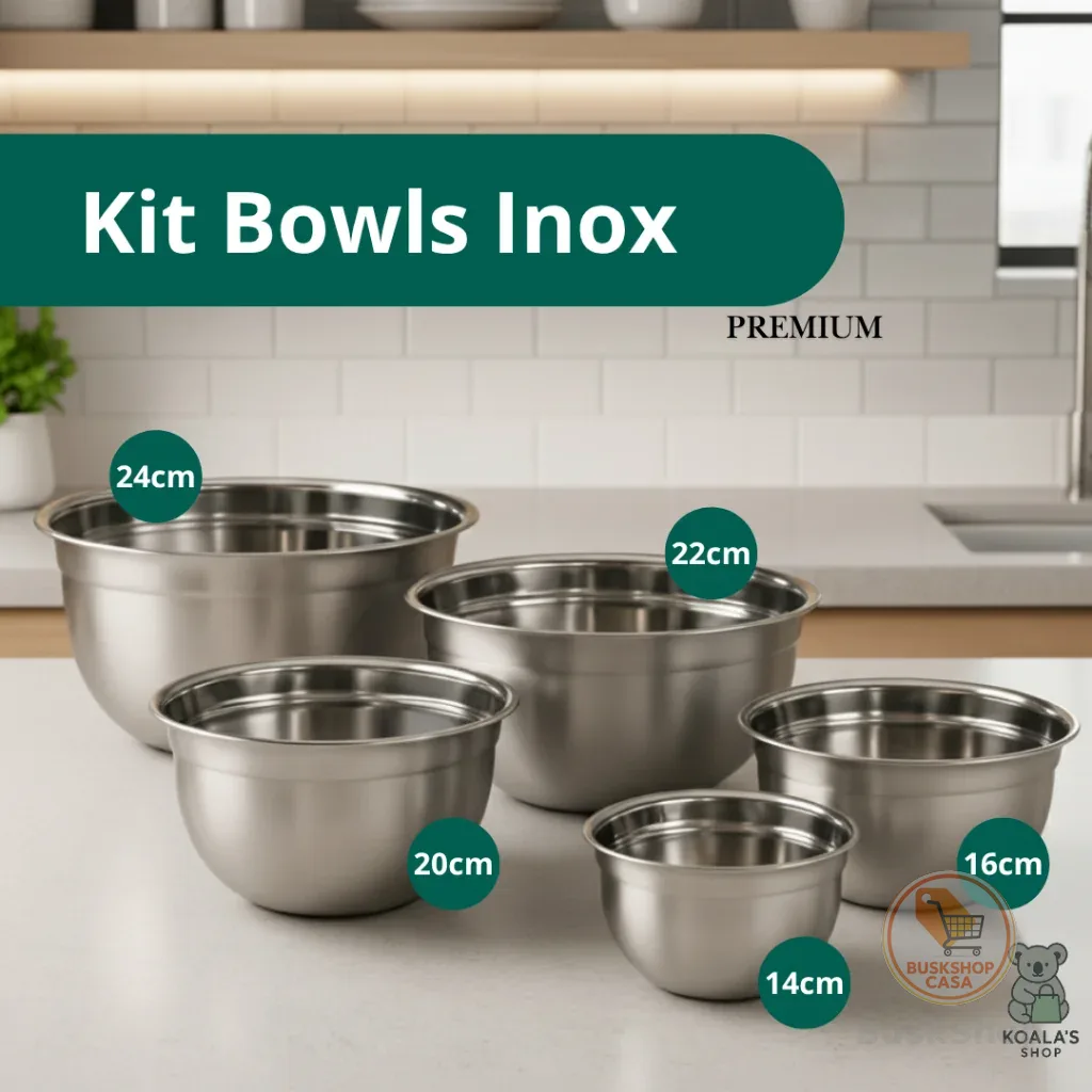 Conjunto Bowl Inox Kit Peças Tigela Inox Empilhável 14cm 16cm 20cm 22cm 24cm Gamela Bacia Cozinha