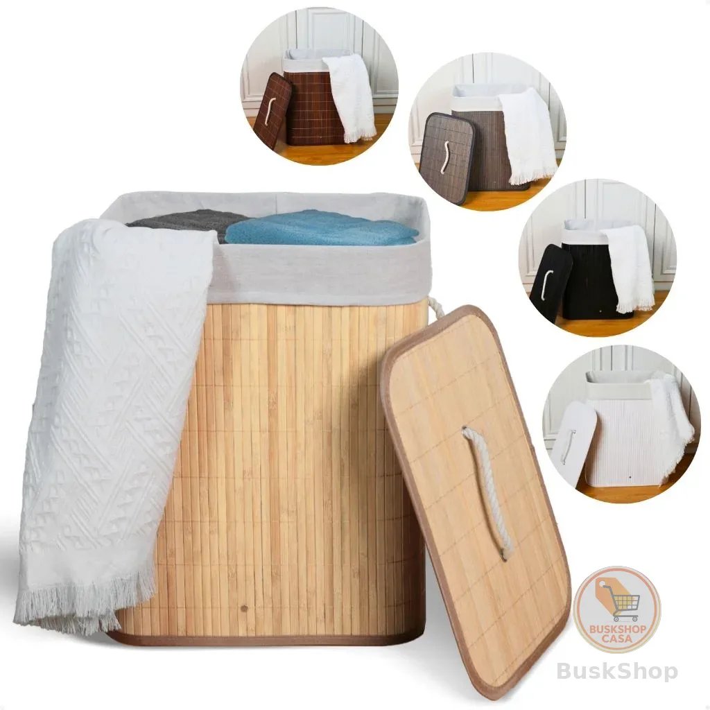 Cesto de Roupa Suja Bambu Com Tampa e Alças 50 Litros Grande Organizador Multiuso