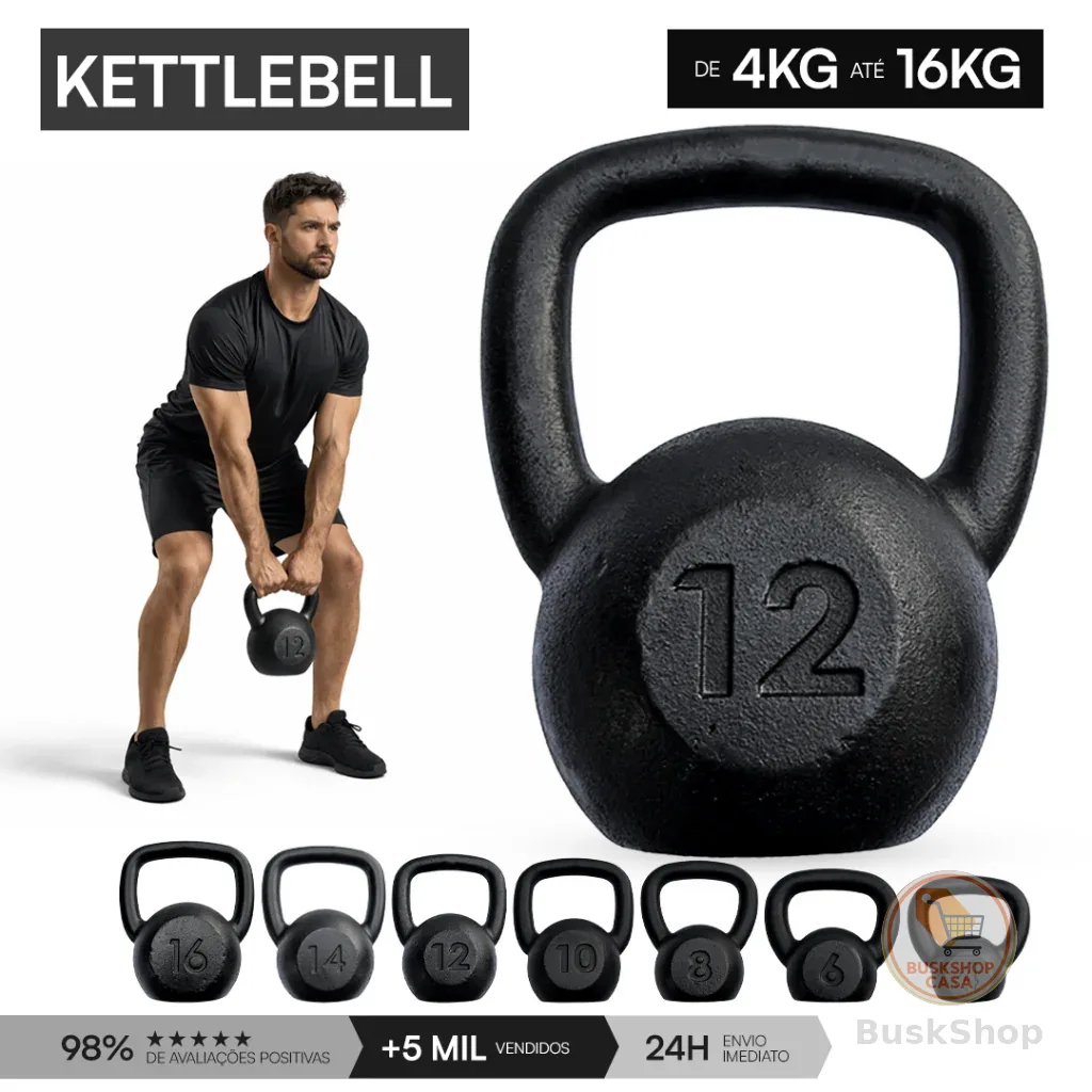Kettlebell Peso 4kg a 16kg Pintado Ferro Fundido | Peso de Academia Musculação Treino em Casa Treinamento Funcional Fit