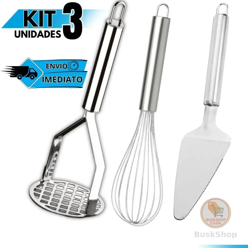 Kit Cozinha 3 Peças: Amassador de Batatas Inox + Fouet + Espátula de Bolo Utensílios Domésticos