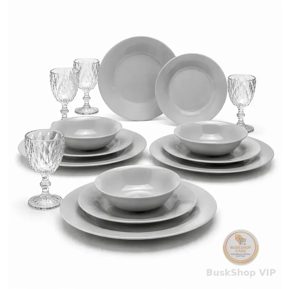 Aparelho De Jantar 16 Peças De Vidro Cinza Com Taça Diamond Conjunto Mesa Posta Completo Jogo De Pratos E Taças Sayonara Lisa