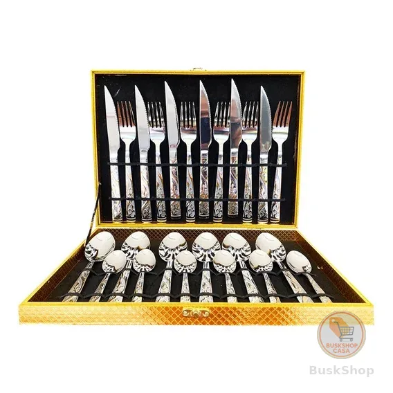 Kit Faqueiro Maleta De Talheres Inox 24 Peças Com Dourado