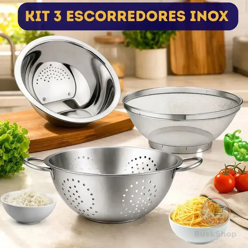 Kit 3 Peças Escorredor De Arroz Em Inox 25cm + Escorredor De Macarrão Inox Grande 23cm + Escorredor De Alimentos 22cm
