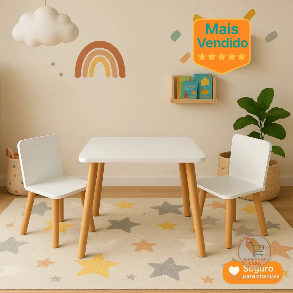 Mesa Infantil com Cadeira em MDF 60x60 Ideal para Atividades, Estudos e Brincadeiras Móveis Casa