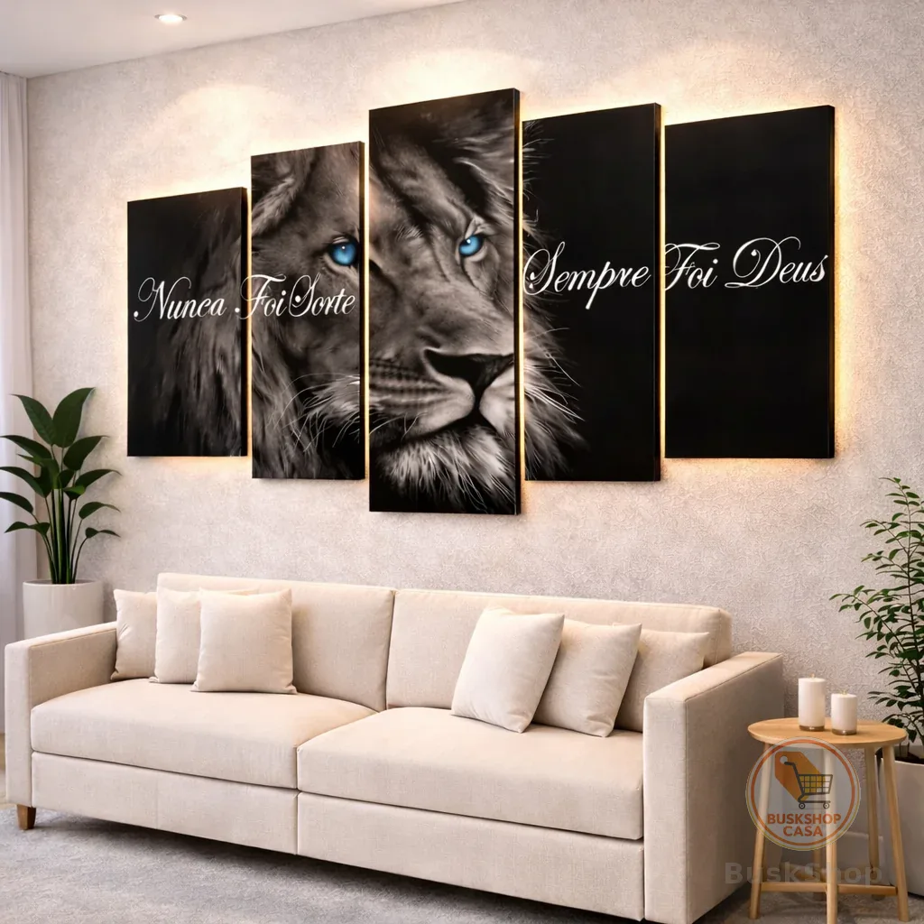 Quadro Decorativo Mosaico Leão de Juda Olho Azul Nunca Foi Sorte Sempre Foi Deus Sala Quarto Hd