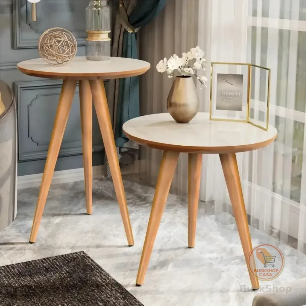 Duas Mesinhas Laterais Sofa Sala Madeira Canto Maravilhosas Cor Off White/freijó