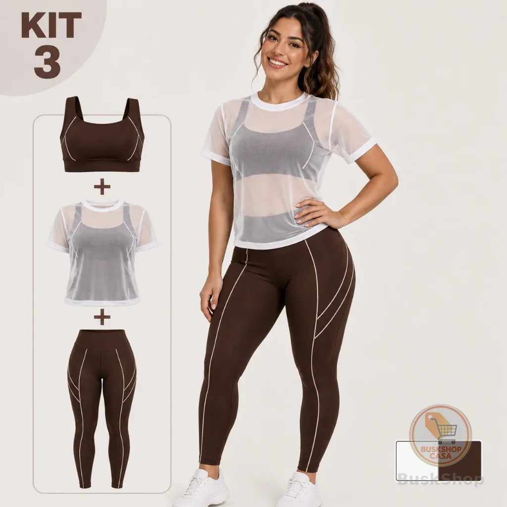 Conjunto Fitness Feminino 3 Peças Calça Legging + Top + Blusa Tule Academia Cintura Alta