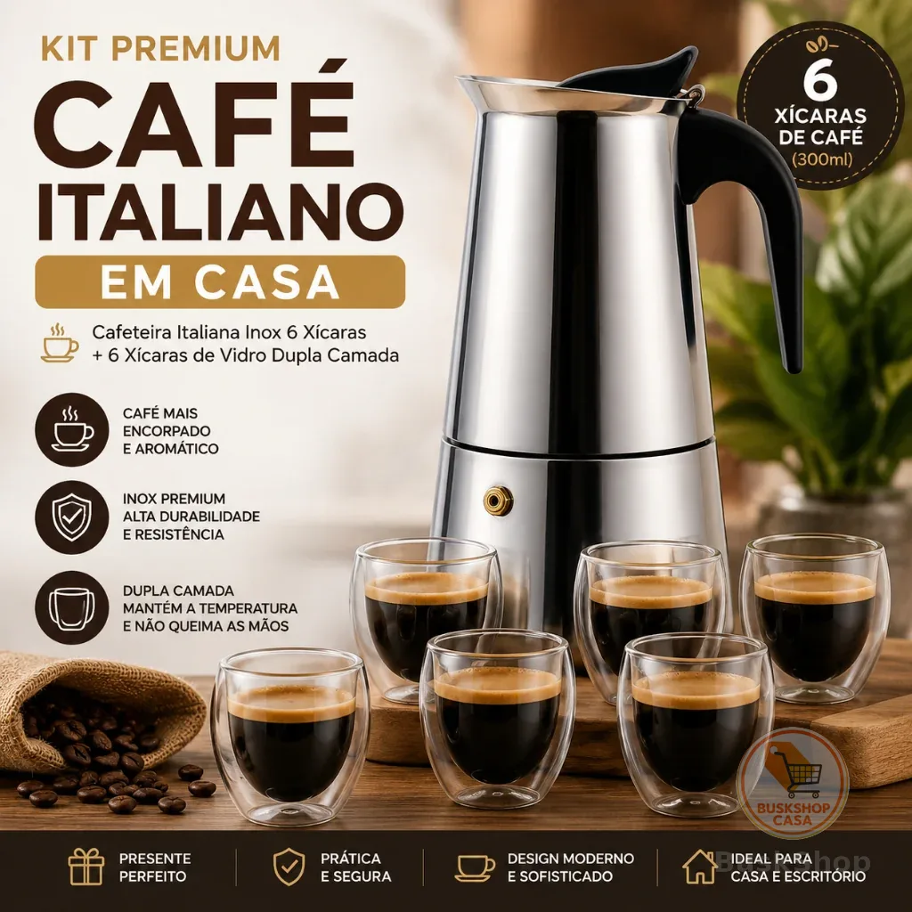 Cafeteira Italiana Inox Premium 300ml 6 Cafés + Copos Térmicos Vidro Espresso