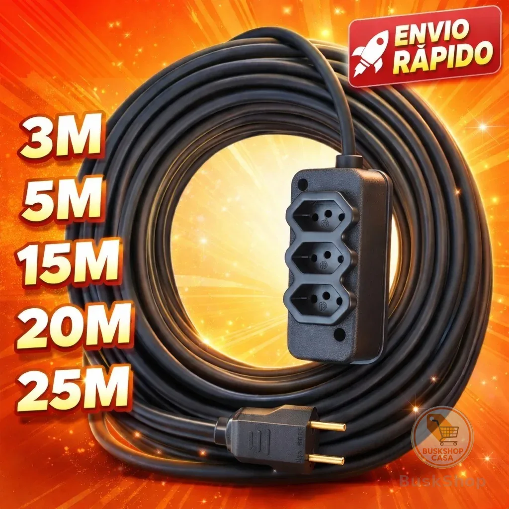 Extensão Elétrica CABO PP 2x2.5mm 20A/10A Resistente - 5/10/15/20/25 (METROS)
