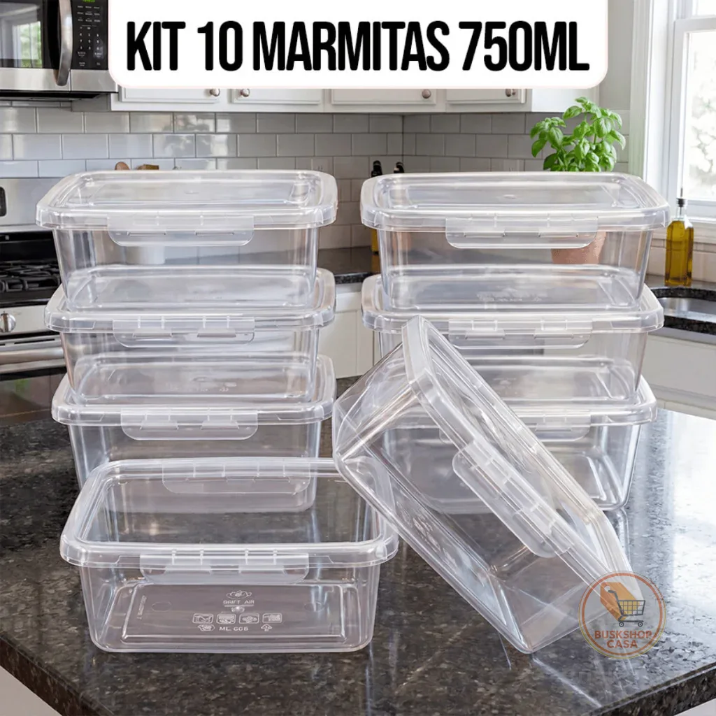 Kit 10 Marmitas Potes 750ml Travas Laterais hermeticas - Livres de BPA Alimentos organiza congelador - KAZIVA