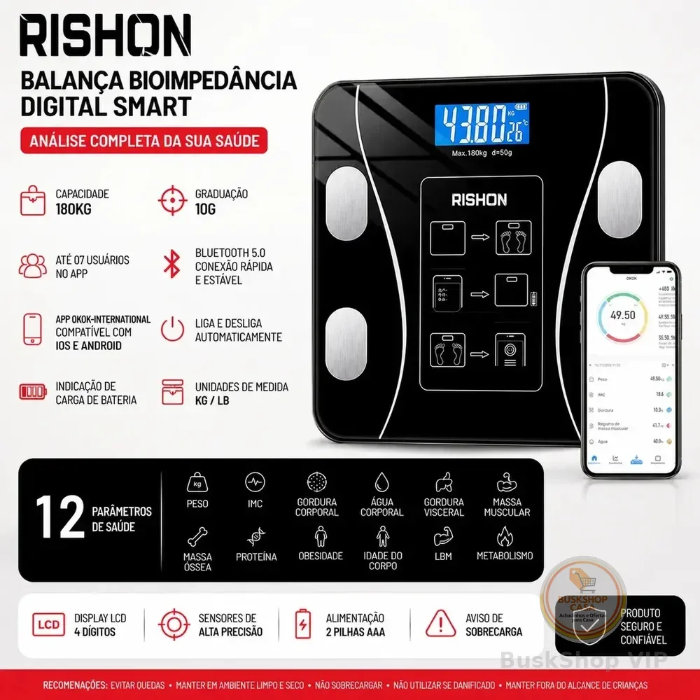 Balança Bioimpedancia Digital 180kg Smart Imc Profissional Rishon Com Aplicativo Preto