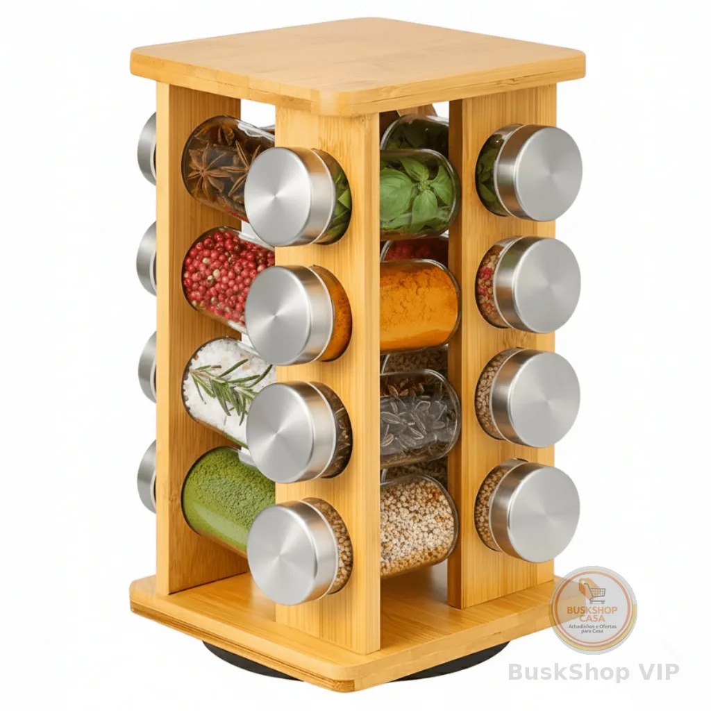 Kit 16 Porta Temperos de Bambu Giratório Potes de Vidro Organizador Condimentos Especiarias Cozinha