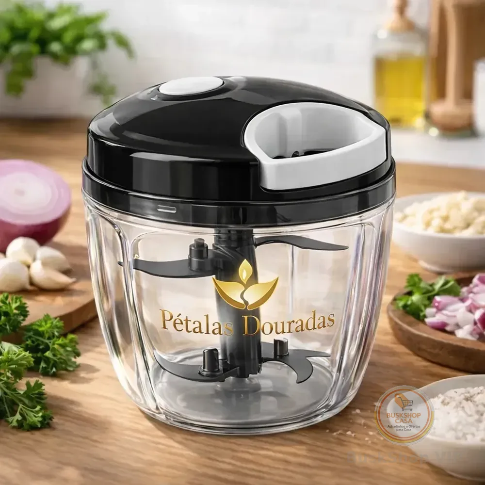 Triturador De Alimentos Manual 900ml Com 5 Lâminas Inox  Picador De Cebola Alho Legumes E Temperos Pétalas Douradas Fatiador Cortador Preto