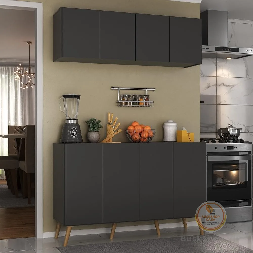 Kit Armário de Cozinha Aéreo e Balcão 4 Portas Retrô Multimóveis Mp2170 Preto/natural