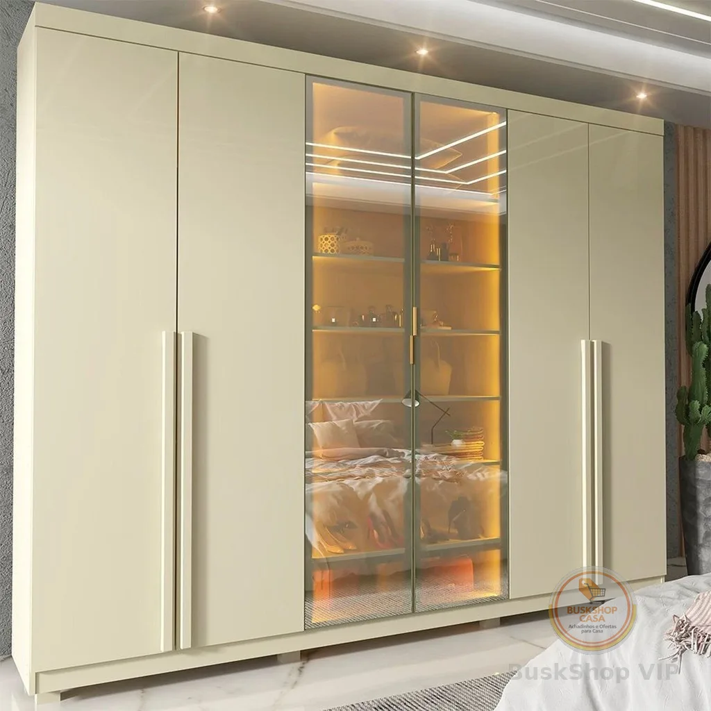 Guarda-roupa Casal 6 Portas com Pés com Led Imperatriz Reflecta 100% Mdf Off White