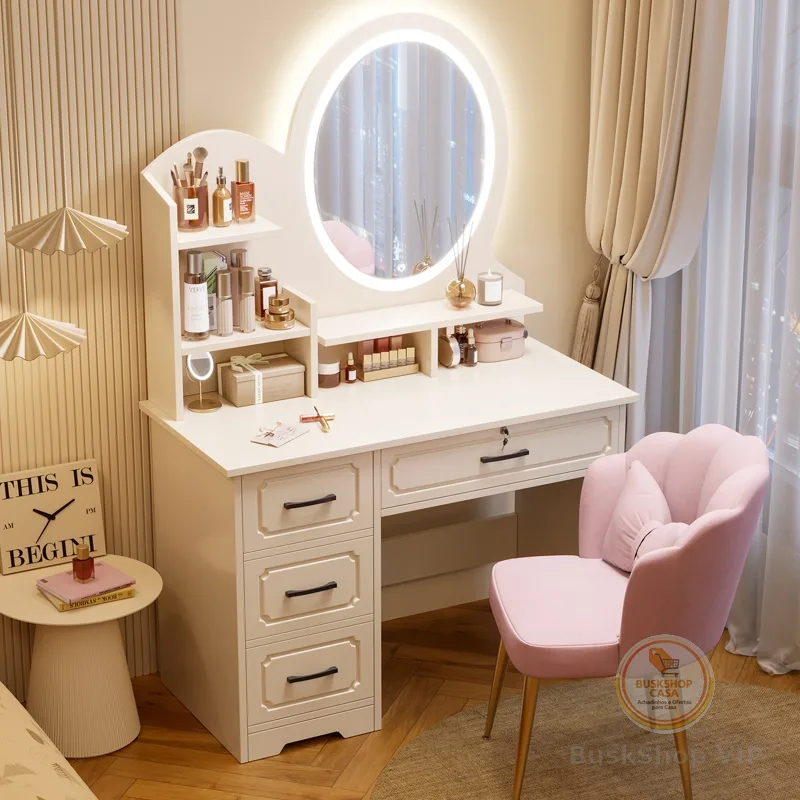 Penteadeira de quarto Luxo com 4 gavetas Mesa de maquiagem multifuncional LED branca Yesop