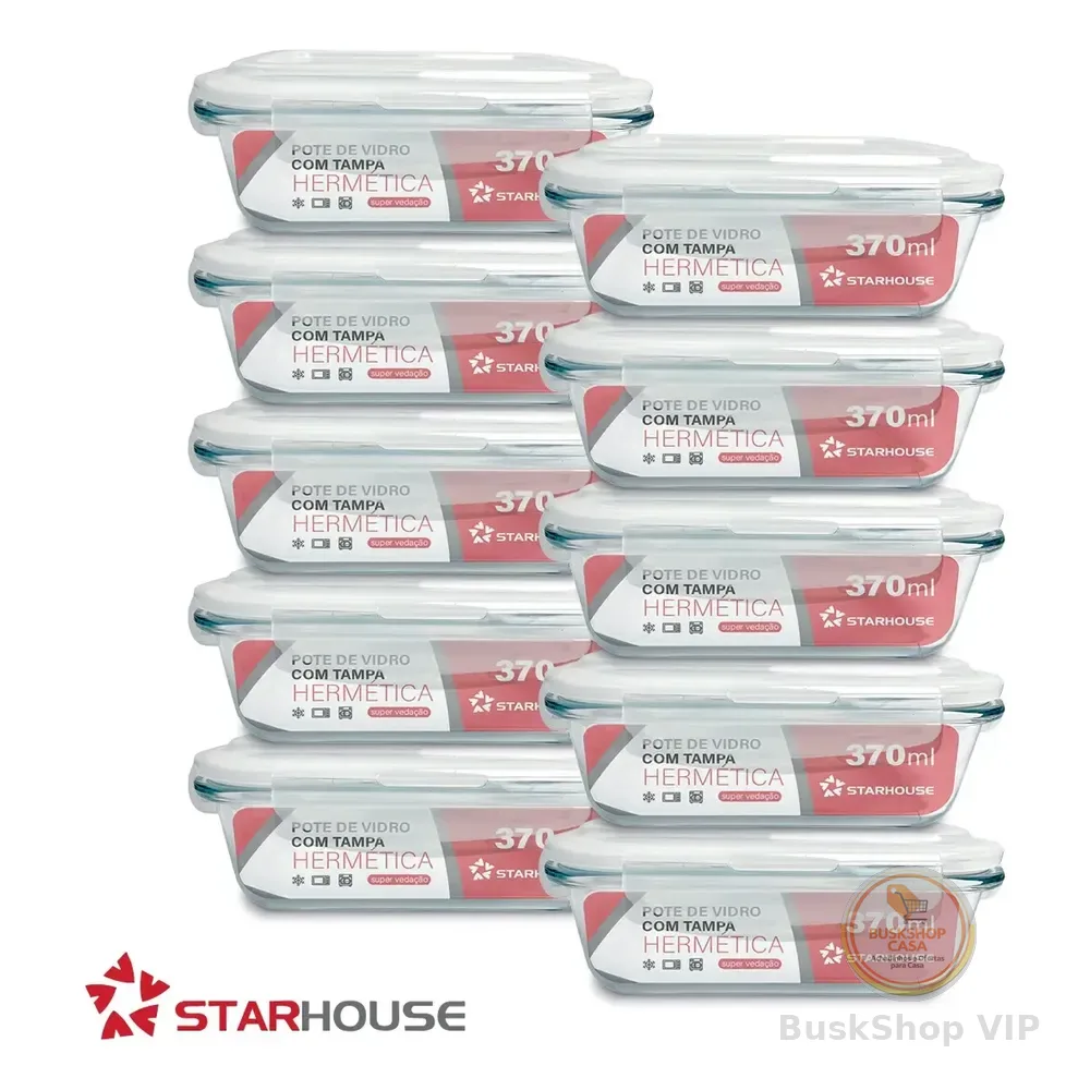 Kit 10 Potes Vidro 370ml Hermético Marmita Forno Refratário Star House