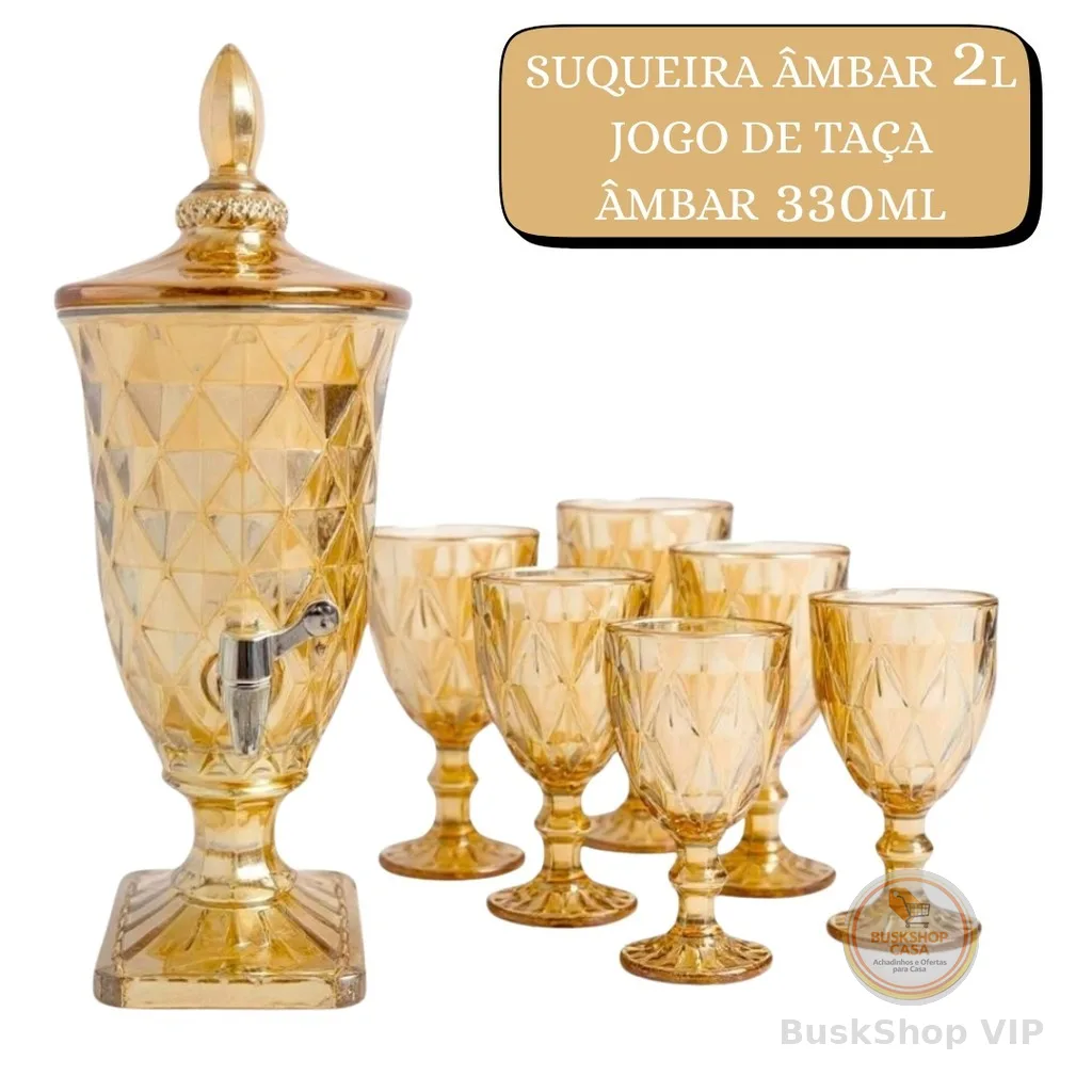 Suqueira de Vidro 2L ou 6 Taças 340ML Âmbar Designer Diamante ou Kit Taça + Suqueira  Premium