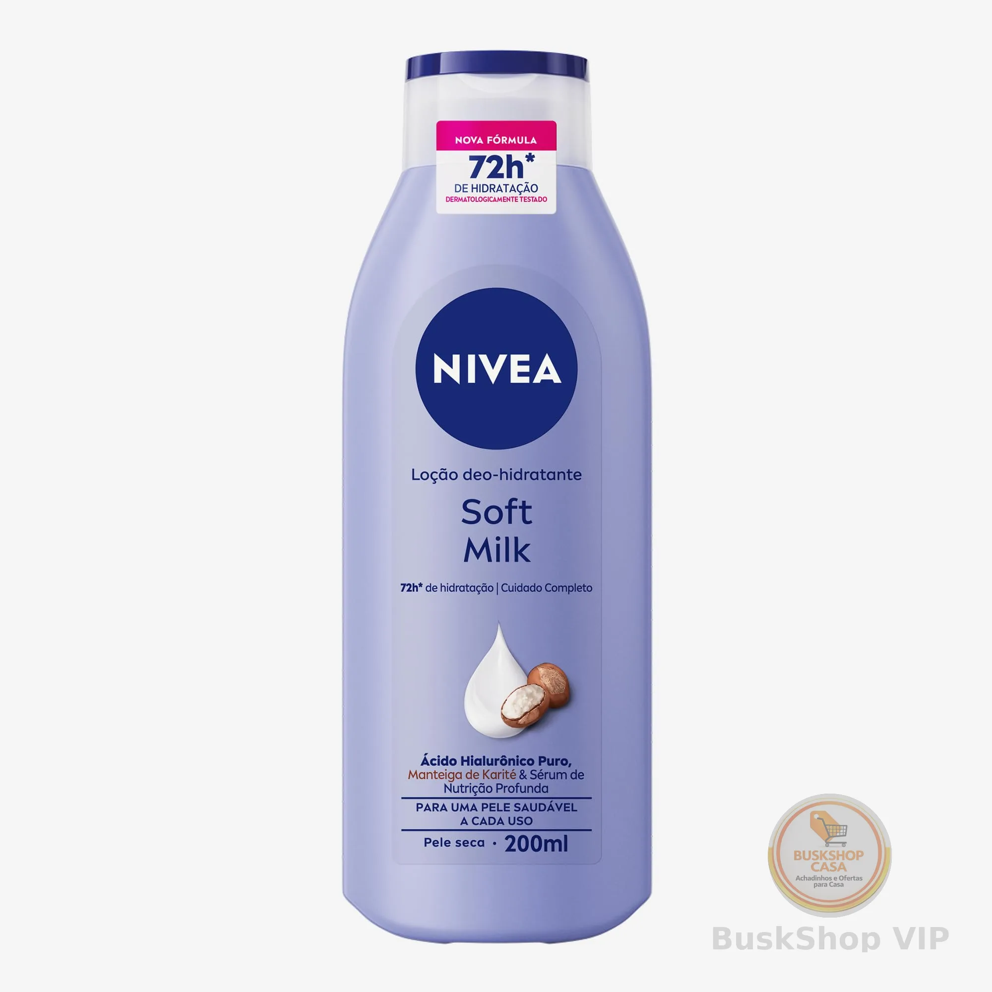NIVEA Loção Deo-Hidratante Soft Milk 200ml, Hidratação Profunda 72h, Hialurônico Puro, Corporal, Pele Seca