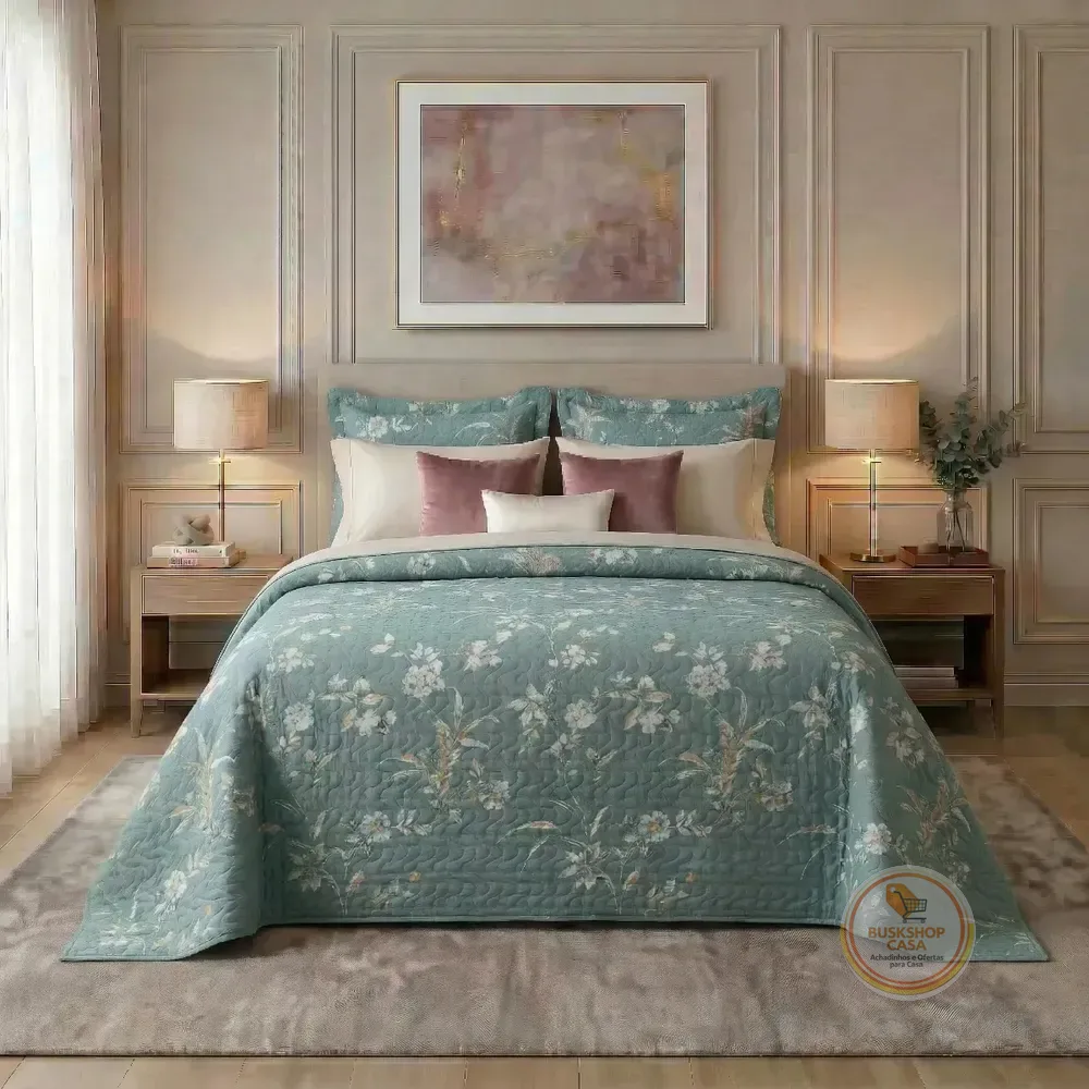 Colcha Cobre Leito Queen Estampada Floral Dupla Face Kit 3 Peças Microfibra 150 Fios Matelassê Antialérgica Porta... Florido Magnólia
