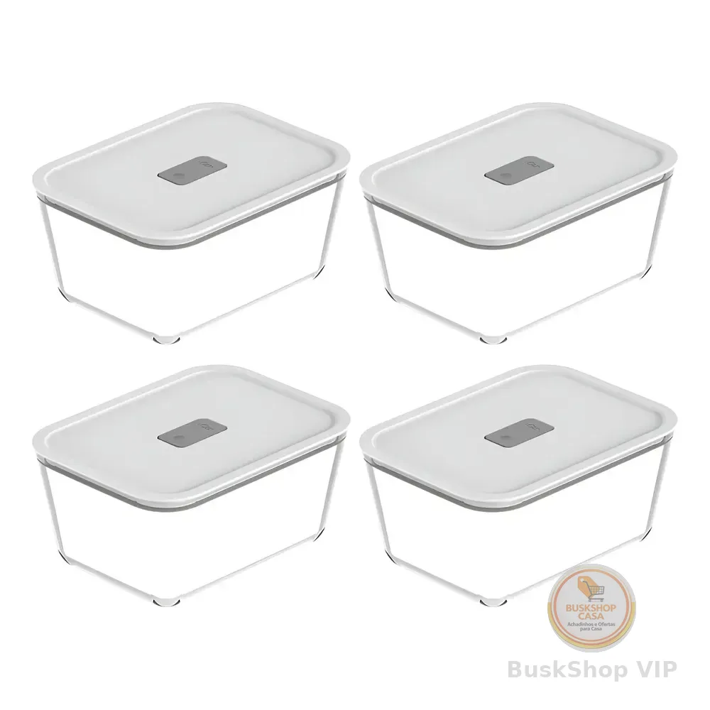 Kit 4 Potes Herméticos Ou Fresh Lock De Vidro 2.4 L Retangular, Branco Para Micro-ondas