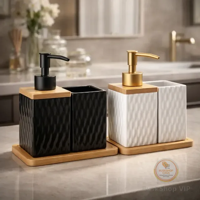 Kit Banheiro Lavabo Preto Branco Cerâmica Porta Escovas