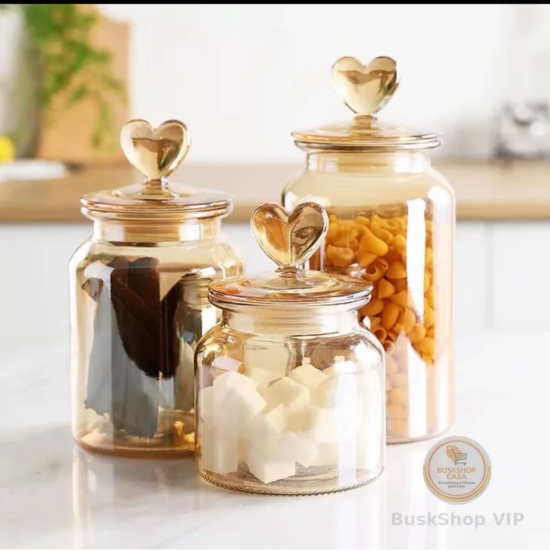 Pote Vidro Âmbar Hermético Decor Afeto Coração