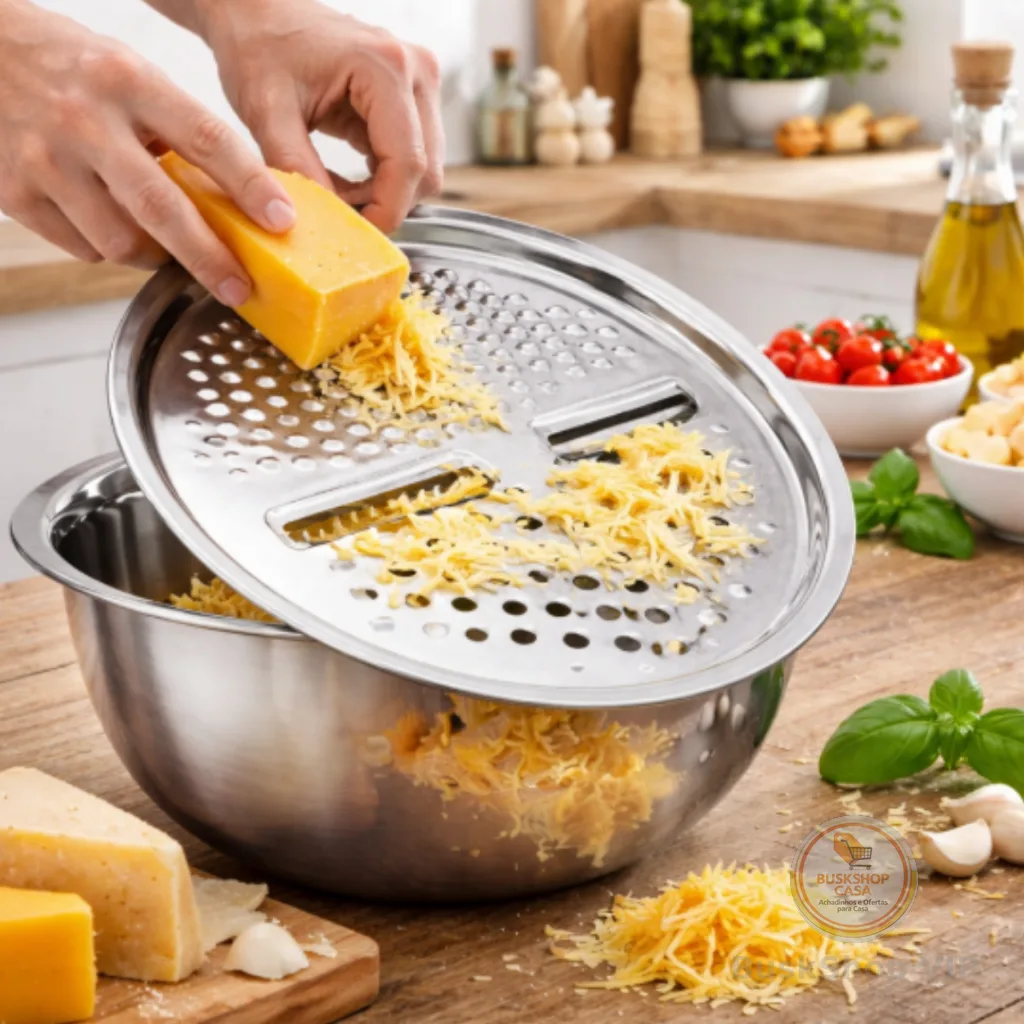 Tigela Inox 4 Em 1 Ralador Fatiador Bacia Legumes Queijo Manual 26cm Cozinha Prática Tampa Ralador Qualidade 1 ate 2 uni
