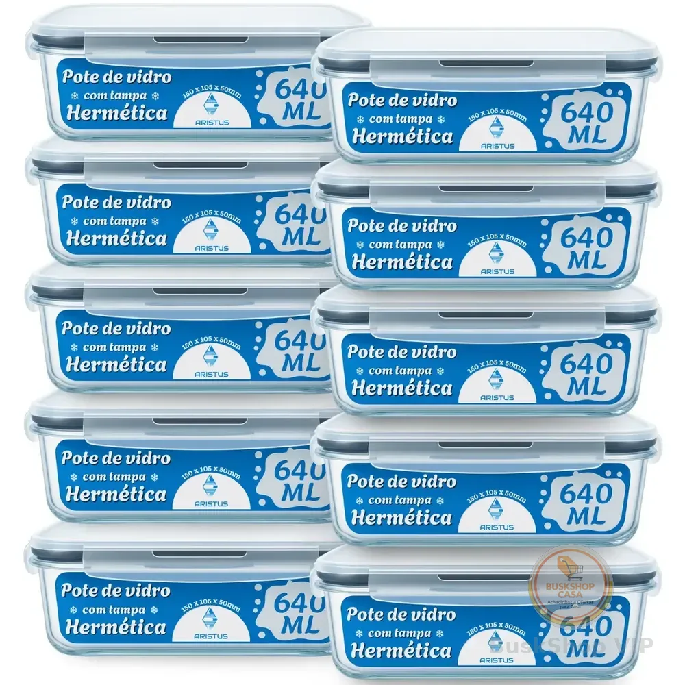 Kit 10 Potes Vidro Hermético Aristus 640ml Marmita Anti Vazamento Forno Micro-ondas Freezer Tampa 4 Travas - Cinza