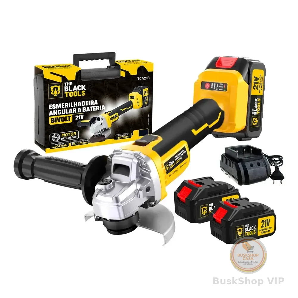 Esmerilhadeira Angular Profissional Brushless 9000 Rpm 21v Com 02 Baterias E Acessórios The Black Tools Amarelo 127/220v 50/60hz