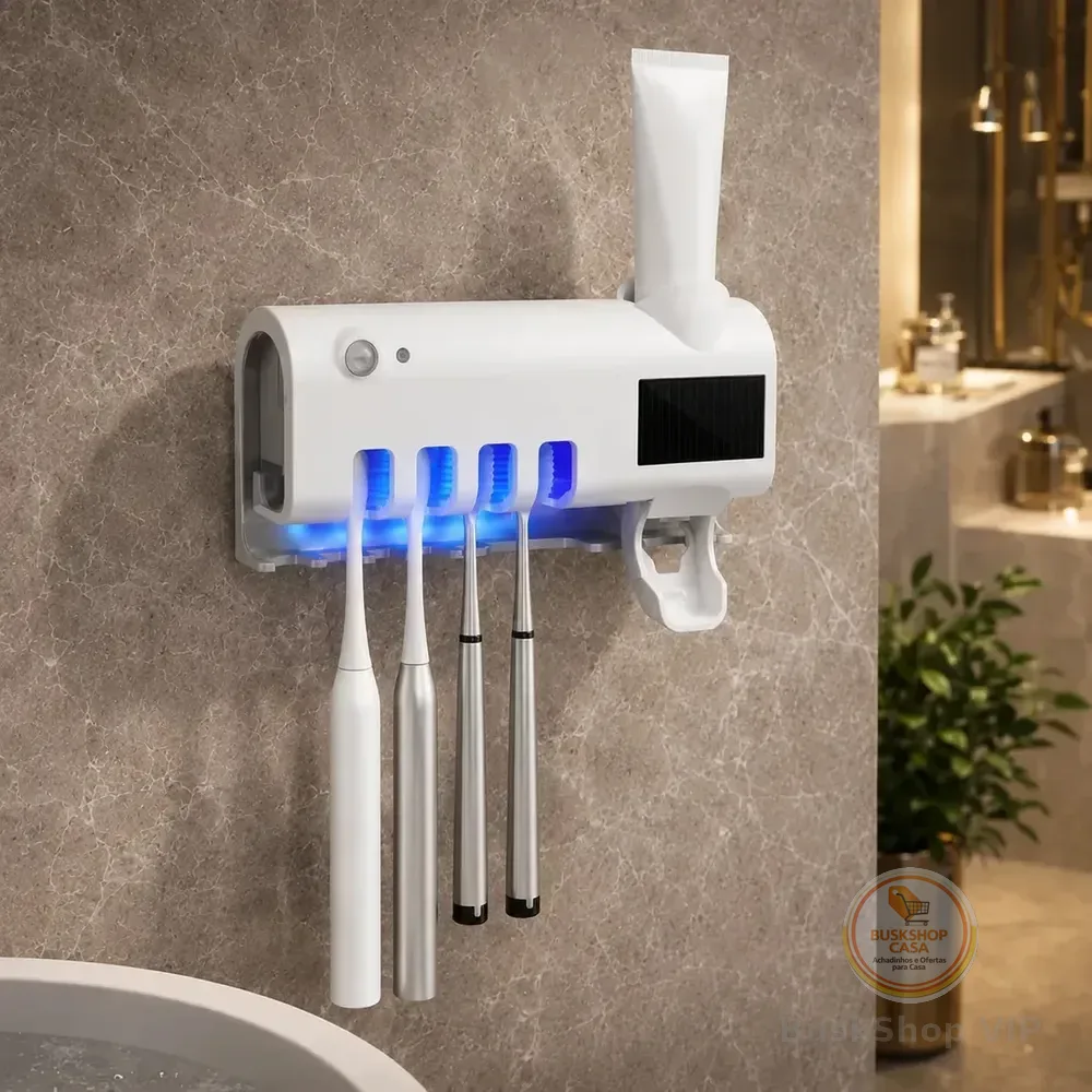 🛍️Dispenser Pasta De Dente Com Porta Escova Suporte De Parede Para 4 Escovas Branco Esterilizador Uv Ligeiro