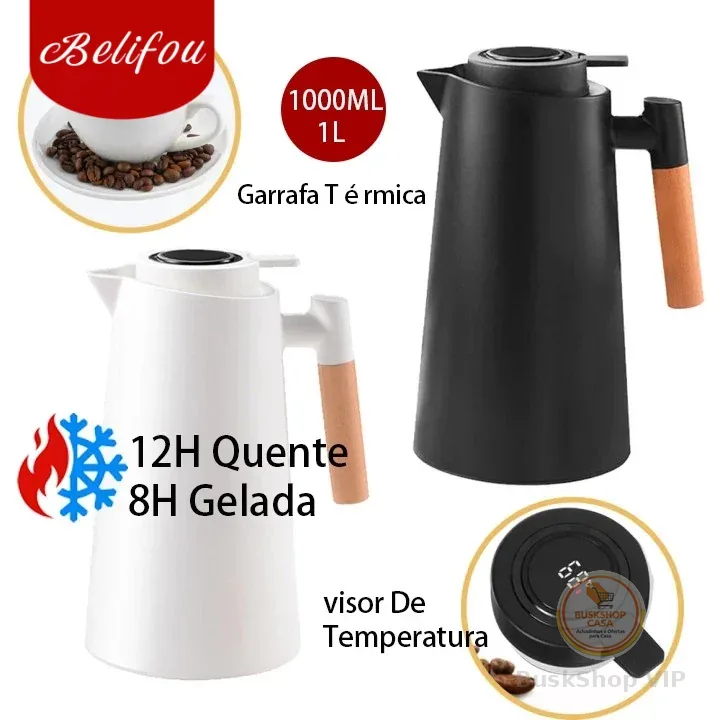 Belifou Garrafa Térmica 1 Litro Termômetro Led Para Chás / Café Nórdica Design Moderno Cabo Madeira