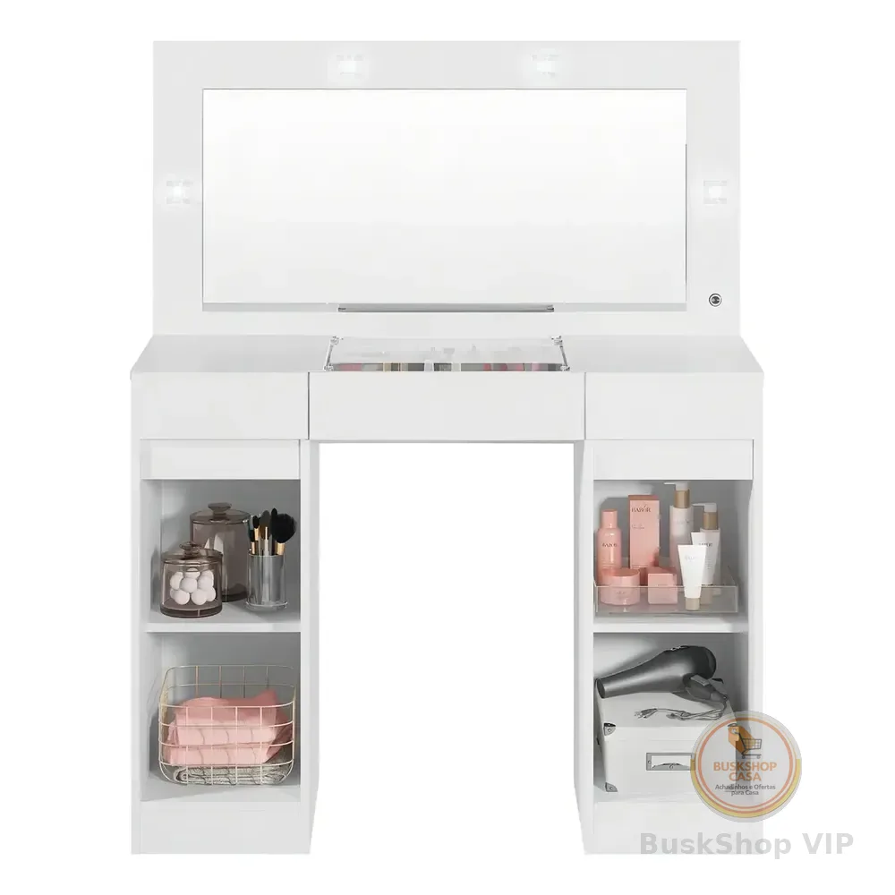 🛍 Penteadeira Camarim Com Espelho E Led 3 Gavetas Studio Beaut Branco