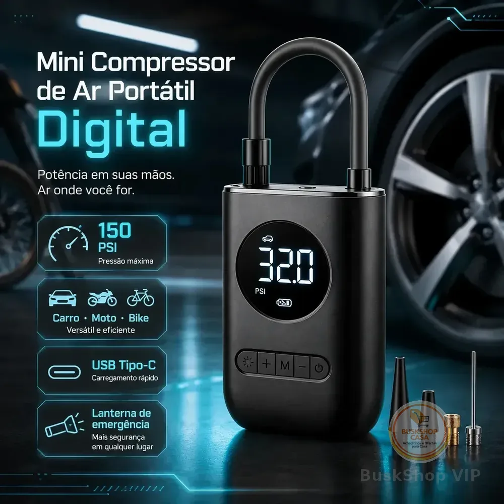 🛍 Compressor De Ar Digital Mini Portátil Recarregável Usb-c Para Pneus De Bicicleta Moto Carro Bolas Infláveis Preto 127/220v 60 Hz Monofásica