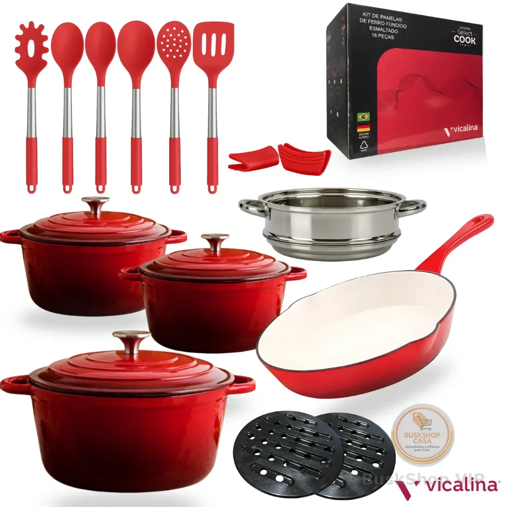 🛍 Vicalina kit jogo conjunto de panelas de ferro esmaltadas luxo para fogão indução 18 peças