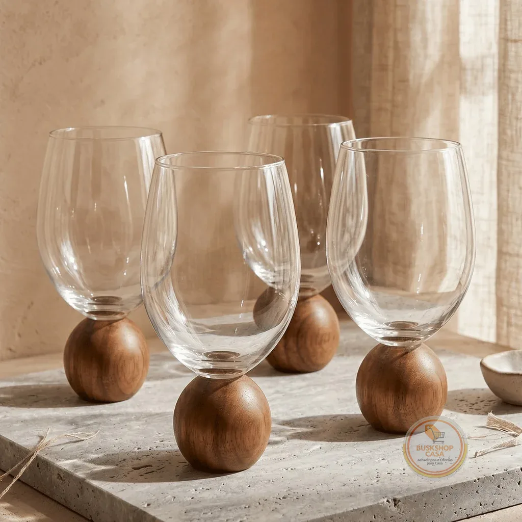 Jogo 4 Copos Mori em vidro bubble Esfera Bola madeira acácia 450ml Luxo Moderno Design Orgânico