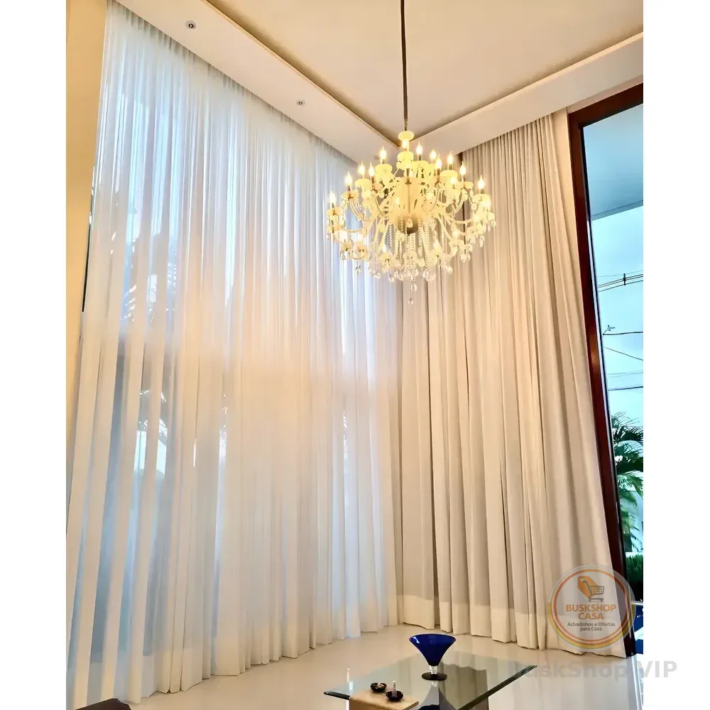 Cortina Linho Flame Gaze Trilho Suíço 4,00x2,80 Sanca Alta Cor Palha Off White