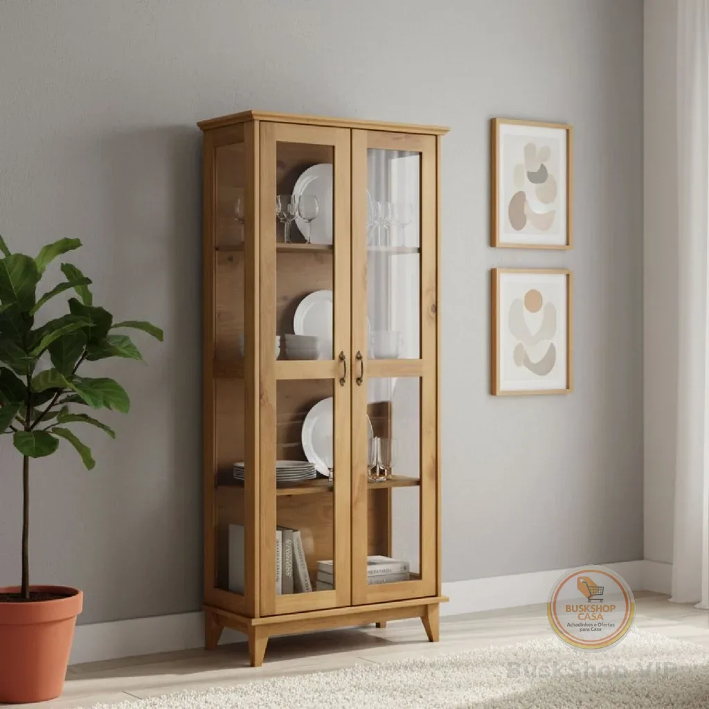 Cristaleira 2 Portas Vidro Madeira Maciça Carvalho 81cm Bella