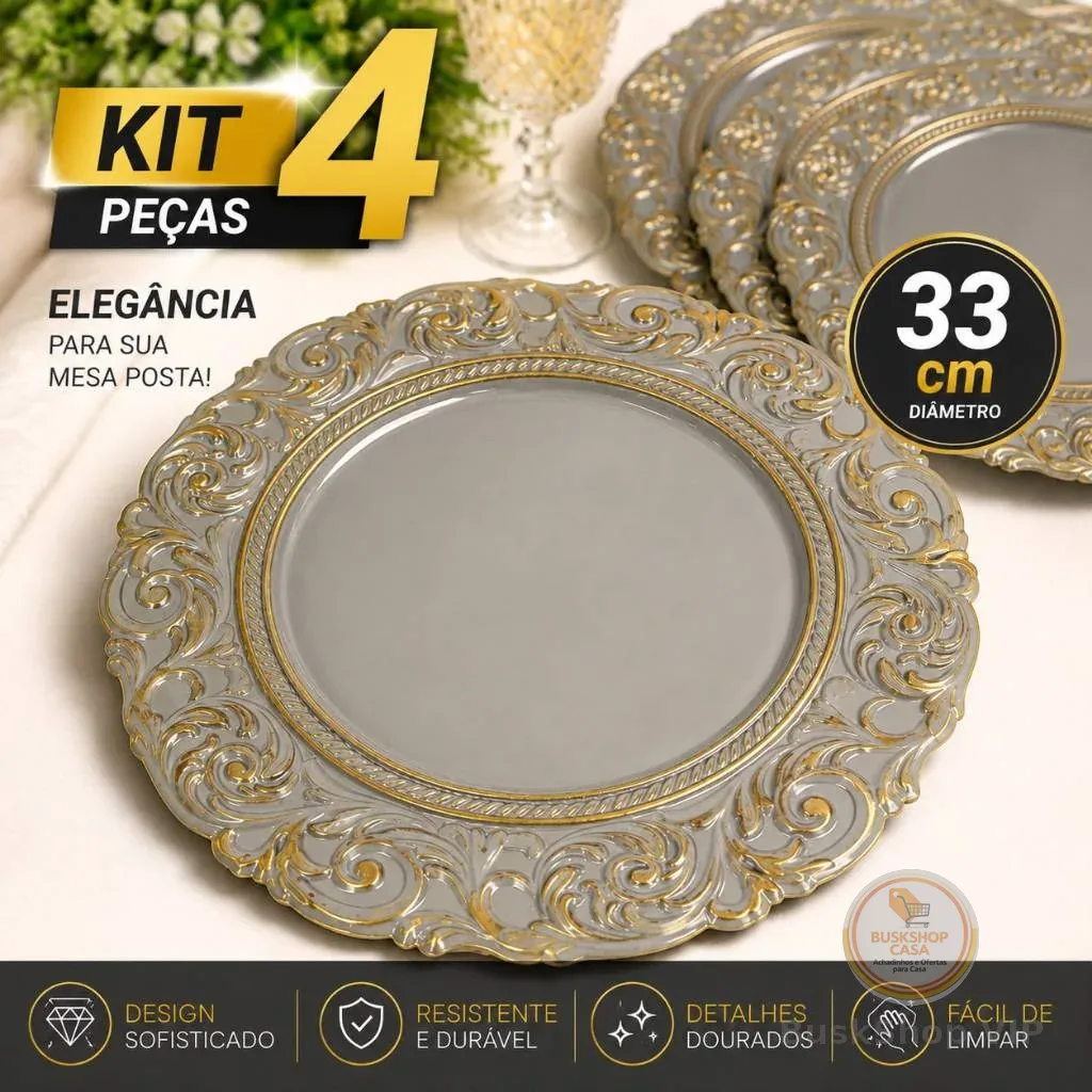 kit 4 Peças - Sousplat Plástico Lavável Jogo Americano Redondo 32,5 Mesa Posta Cozinha Jantar Decorativo Luxo