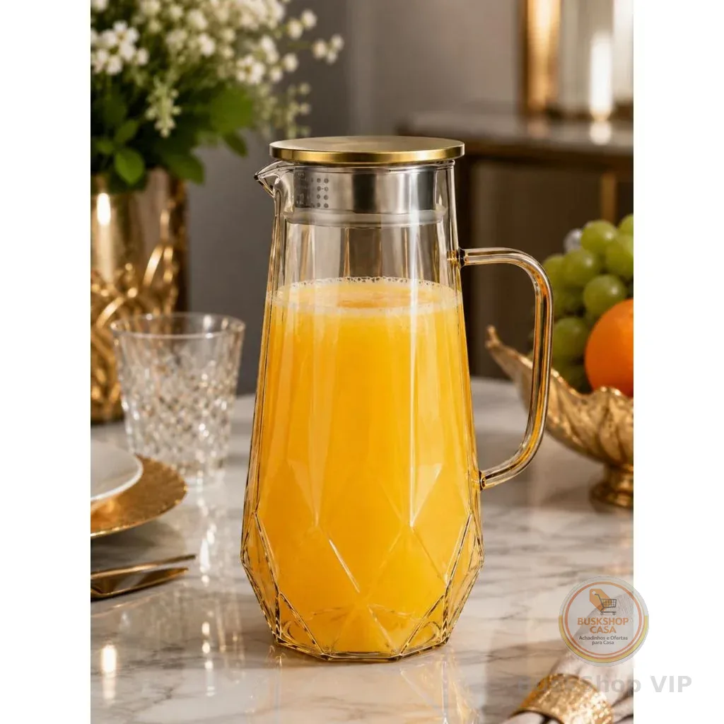 JARRA DE VIDRO BOROSSILICATO AMBAR  COM TAMPA DOURADA EM INOX  1,4L - JARRA LUXO