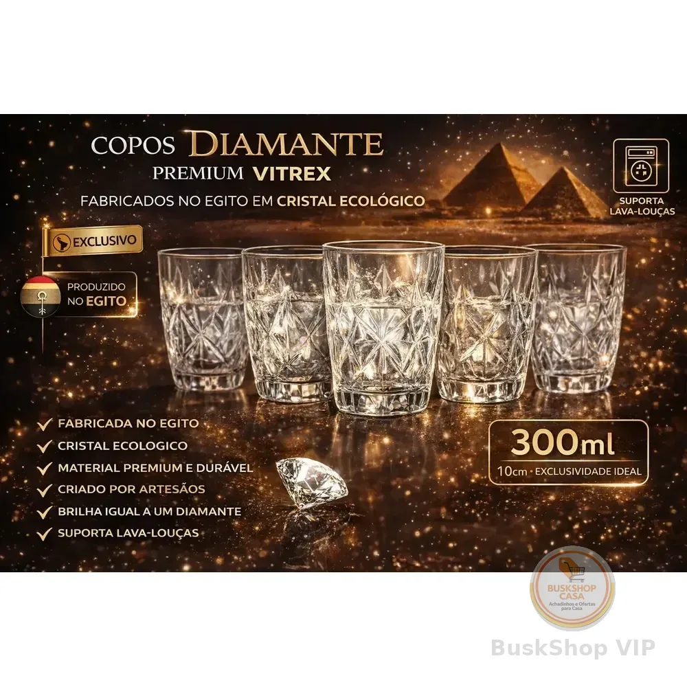 Jogo 6 Copos Diamond Egipcio 300ml Vidro Grosso Diamante Luxo Transparente Vitrex