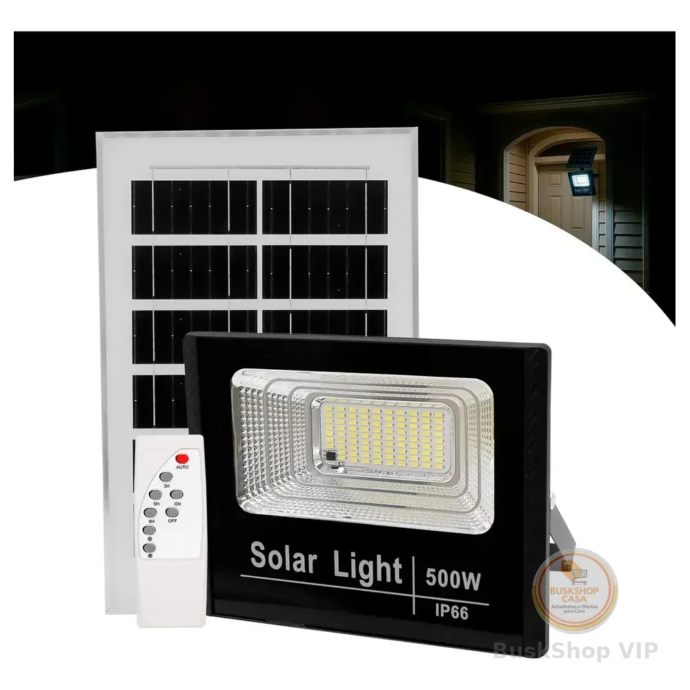🛍 Refletor Solar Led Holofote 500w Placa Bateria Prova Dágua Preto Branco-frio