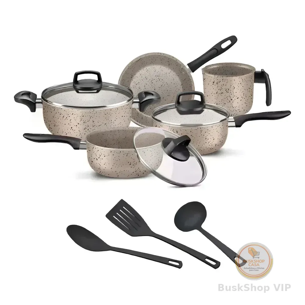 🛍 Jogo De Panelas 8 Peças Teflon Antiaderente C Tampa De Vidro Marfim