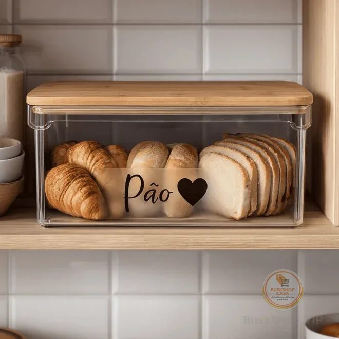 🛍 Porta Pão Hermético com Tampa de Bambu Acrílico Transparente
