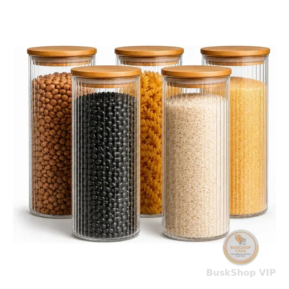🛍 5 Potes Herméticos De Vidro 1200ml Mantimentos Tampa Bambu