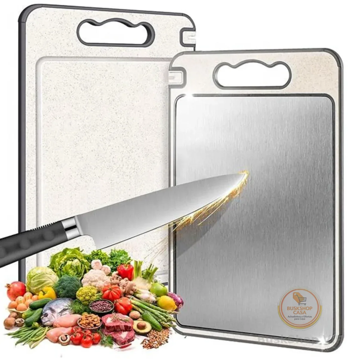 Tábua de Corte Inox Cozinha Dupla Face Aço Inoxidável e PP, Superfície Higiênica para Carnes, Frutas e Vegetais, Afiador Integrado Base Antiderrapante e Alça Ergonômica Premium