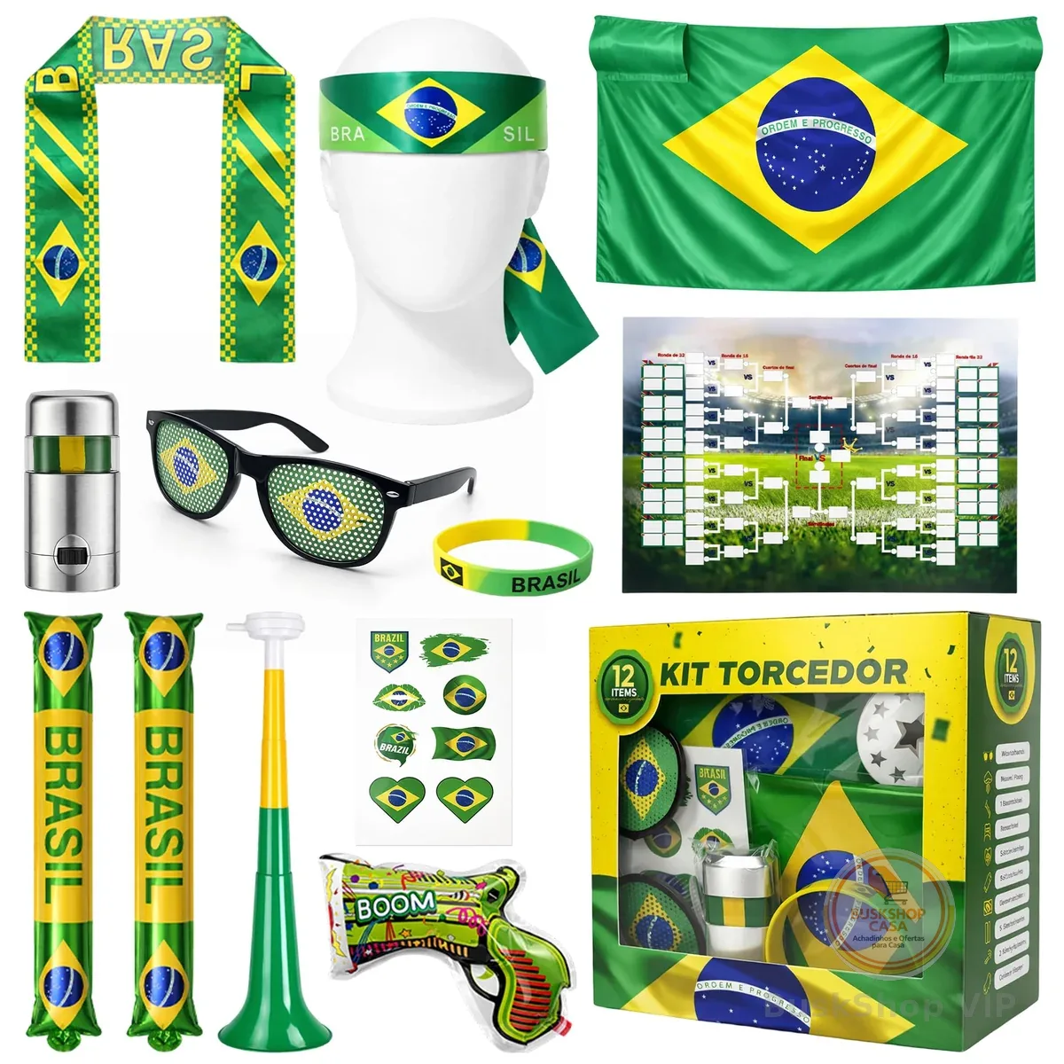 MBOX Kit Torcedor Brasil Copa 2026 12 Peças – Fantasia Completa com Faixa Cabeça, Óculos, Bandeira 150x90cm, Bastões Infláveis, Corneta, Tinta Facial e Lança Confete – Festa Churrasco