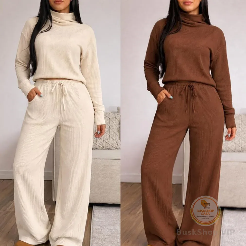 Conjunto Feminino Calça Pantalona e Blusa de Gola Alta Manga Longa Tecido Anarruga Moda Elegante