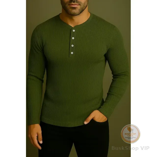 Camiseta Henley Slim Fit Ml - 5 Cores -compre 3 Frete Grátis